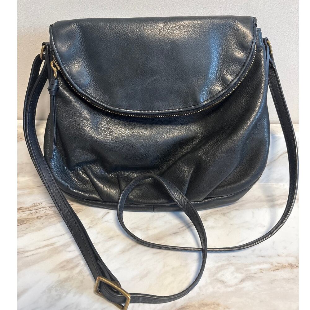 Margot Black Pebble Leather Fold Over Flap Crossbody Hand Bag Zip & Magnetic